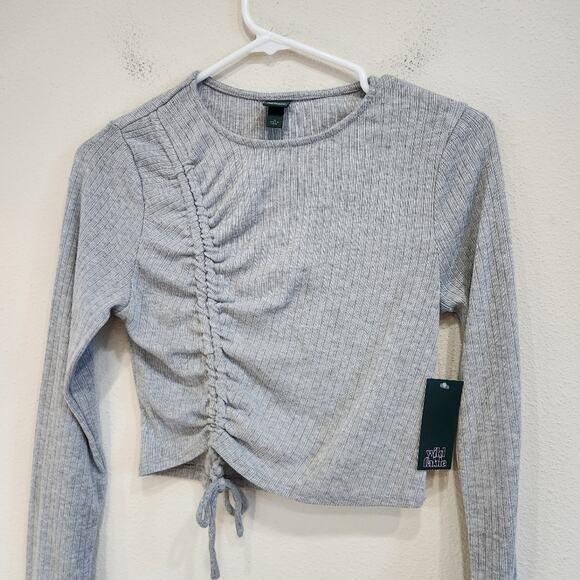 Wild Fable Gray Cropped Long Sleeve Shirt Top Ruched Tie Front Medium - Picture 2 of 6